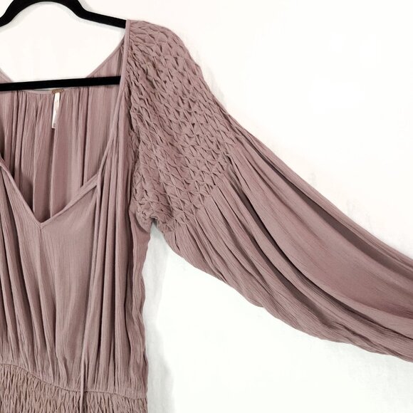 Free People Blouson Mini Dress Size XS Boho Tunic Balloon Sleeve Raw Hem Crinkle - Picture 6 of 13